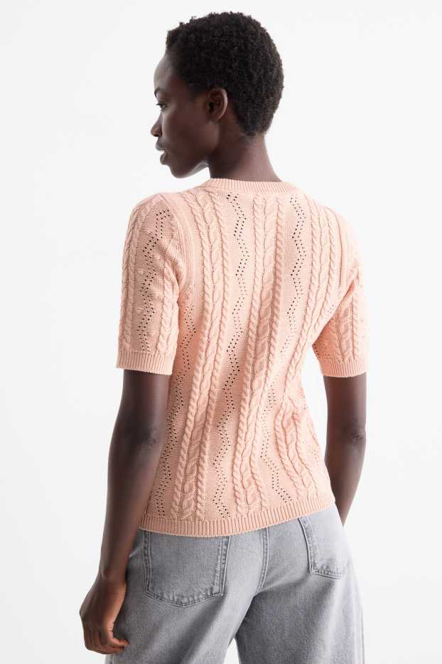 Donna - Maglione - a maniche corte - motivo a treccia - rosa