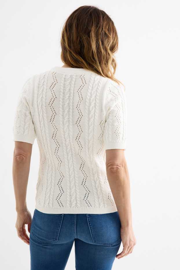 Donna - Maglione - a maniche corte - motivo a treccia - bianco