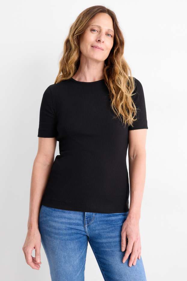 Dámské - Tričko - slim fit - žebrované - černá