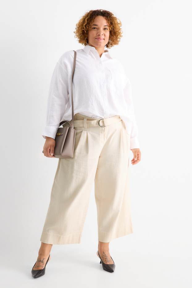 Dona - Pantalons de tela amb cinturó - high waist - wide leg - beix clar