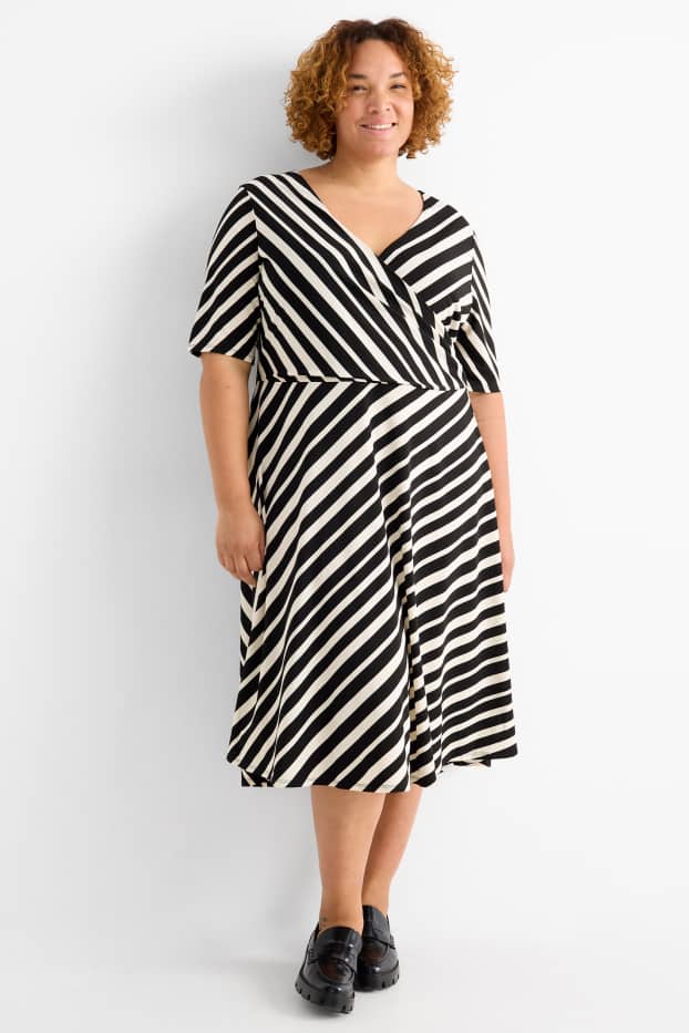 Femmes - Robe à col V - straight fit - à rayures - noir / blanc