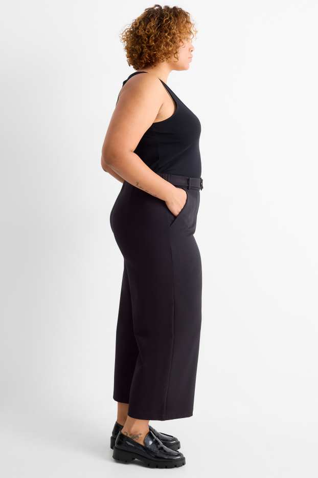 Dámské - Žerzejové kalhoty s páskem - high waist - wide leg - černá