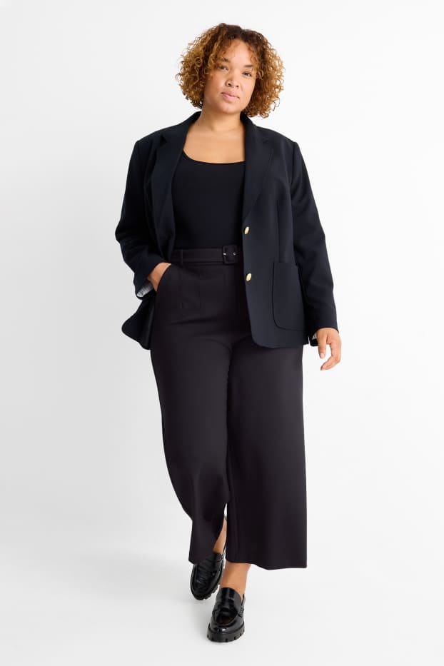 Dámské - Žerzejové kalhoty s páskem - high waist - wide leg - černá