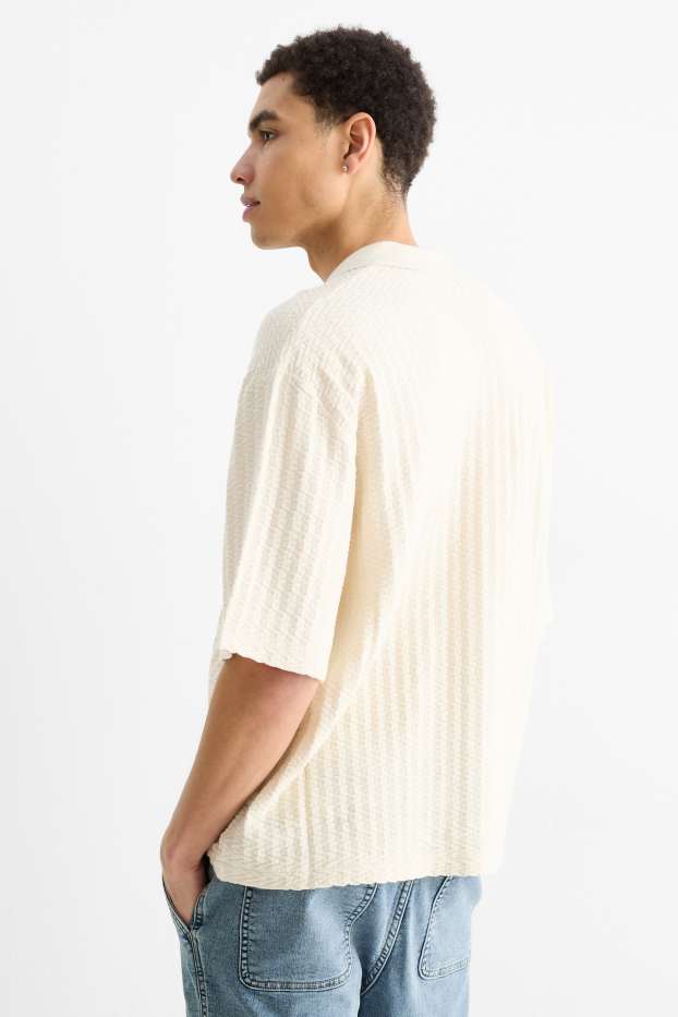 Men - Knitted shirt - regular fit - lapel collar - textured - light beige