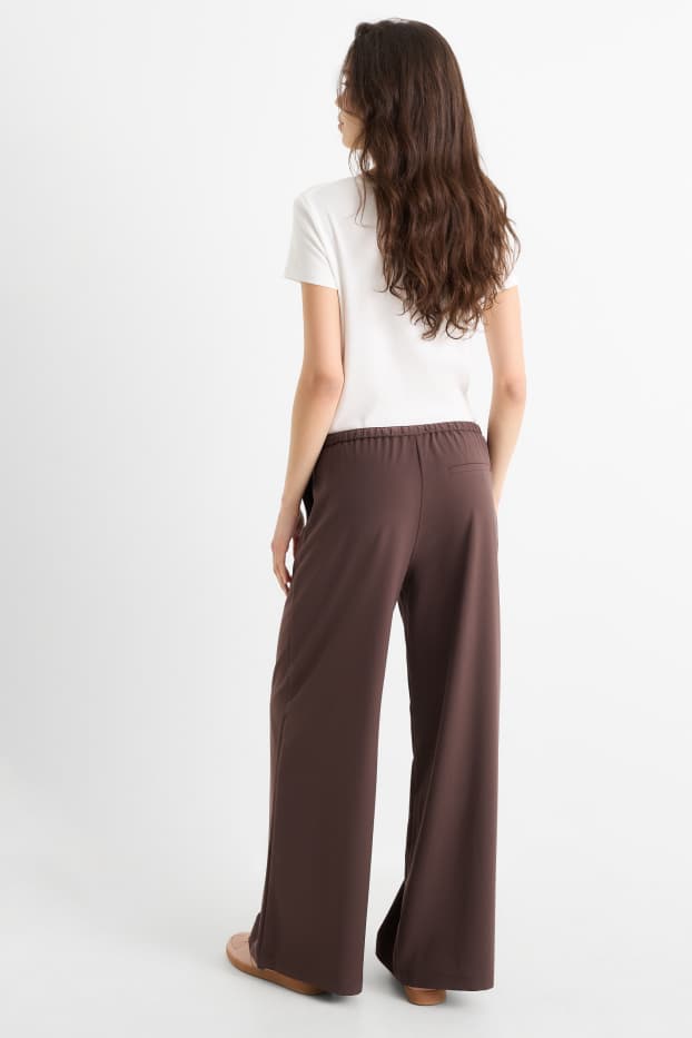 Dámské - Plátěné kalhoty - mid waist - wide leg - tmavohnědá