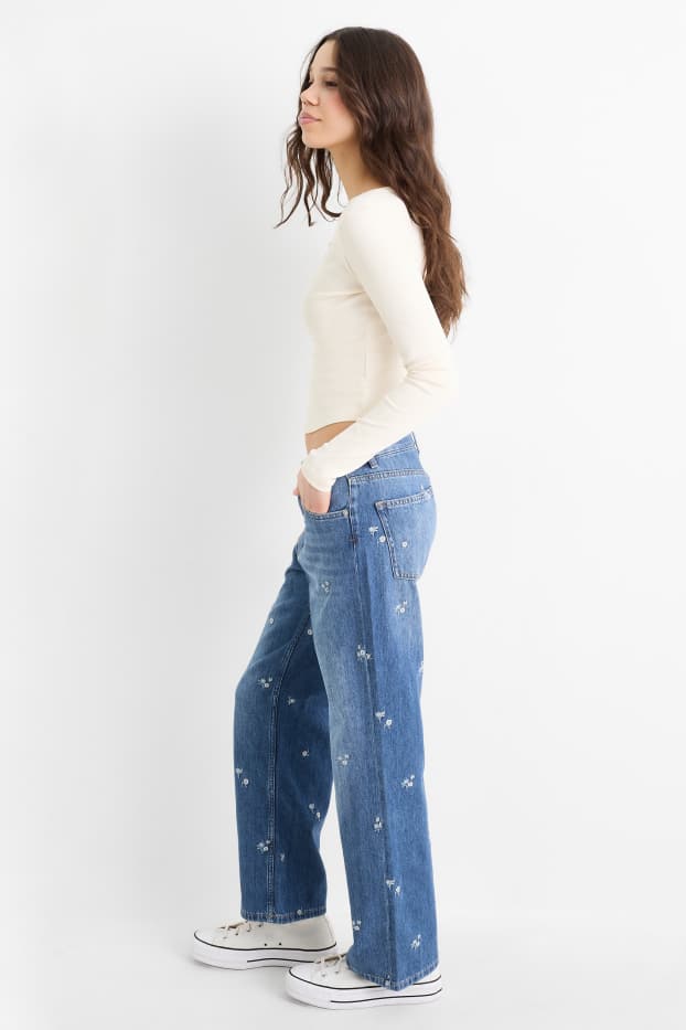 Femei - Baggy jeans - talie medie - cu flori - denim-albastru