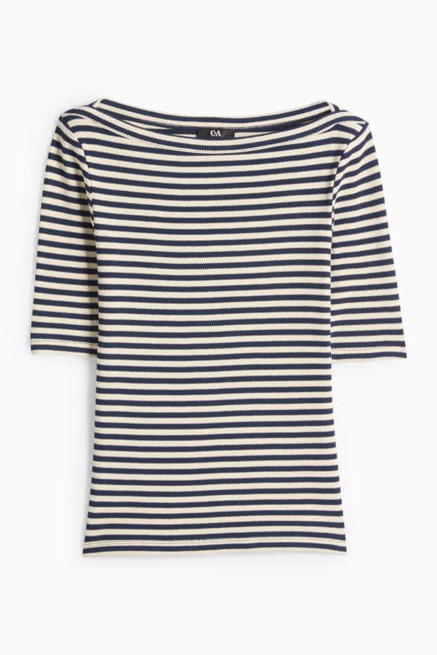 Damen - T-Shirt - Regular Fit - gestreift - strukturiert - dunkelblau / cremeweiss