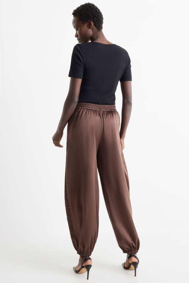 Damen - Satin-Hose - Mid Waist - Balloon Leg - dunkelbraun