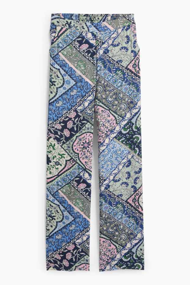 Dámské - Plátěné kalhoty - mid waist - wide leg - se vzorem - tmavomodrá