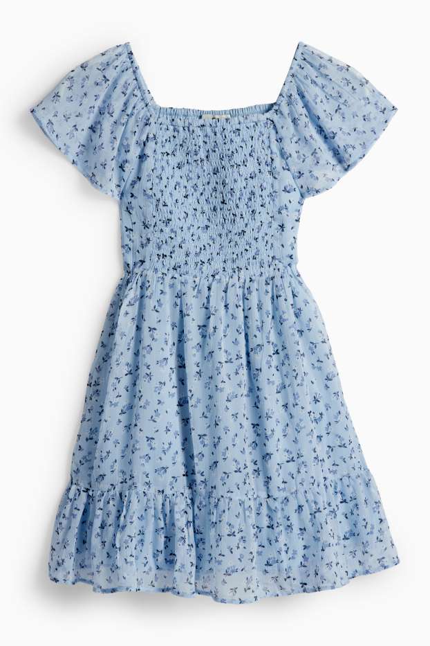 Kinder Mädchen - Blume - Chiffon-Kleid - gesmokt - hellblau
