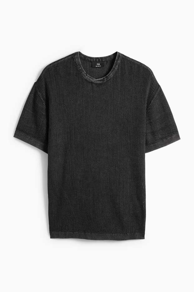 Herren - Strickpullover - kurzarm - gerippt - schwarz