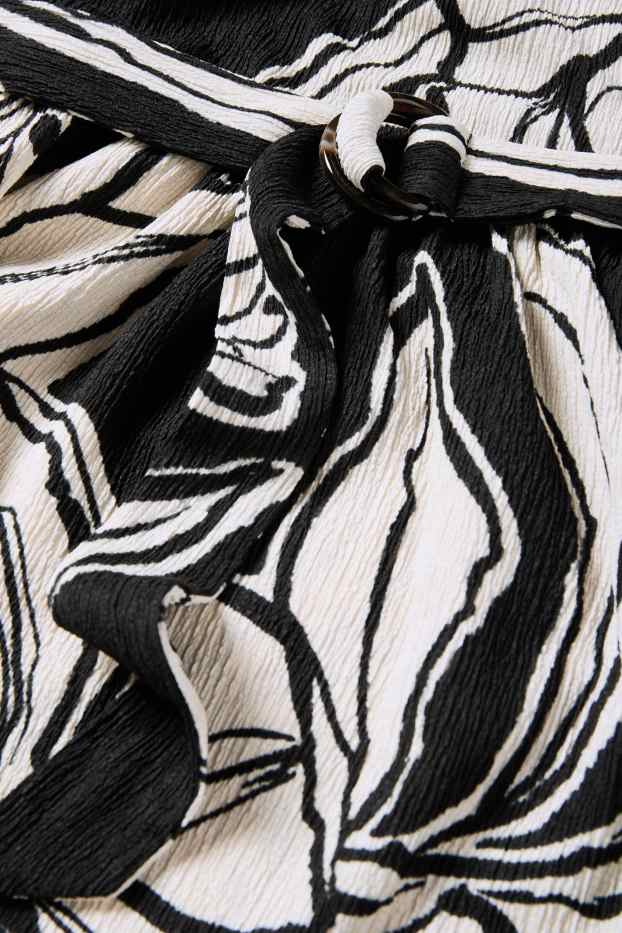 Damen - Fit & Flare Kleid mit Gürtel - geblümt - strukturiert - schwarz / beige