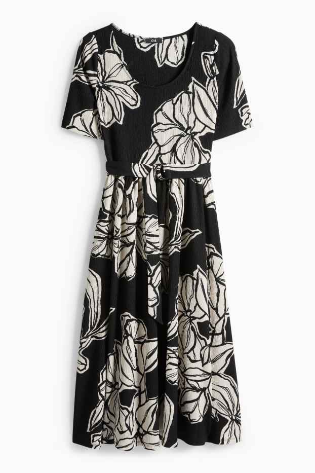 Damen - Fit & Flare Kleid mit Gürtel - geblümt - strukturiert - schwarz / beige