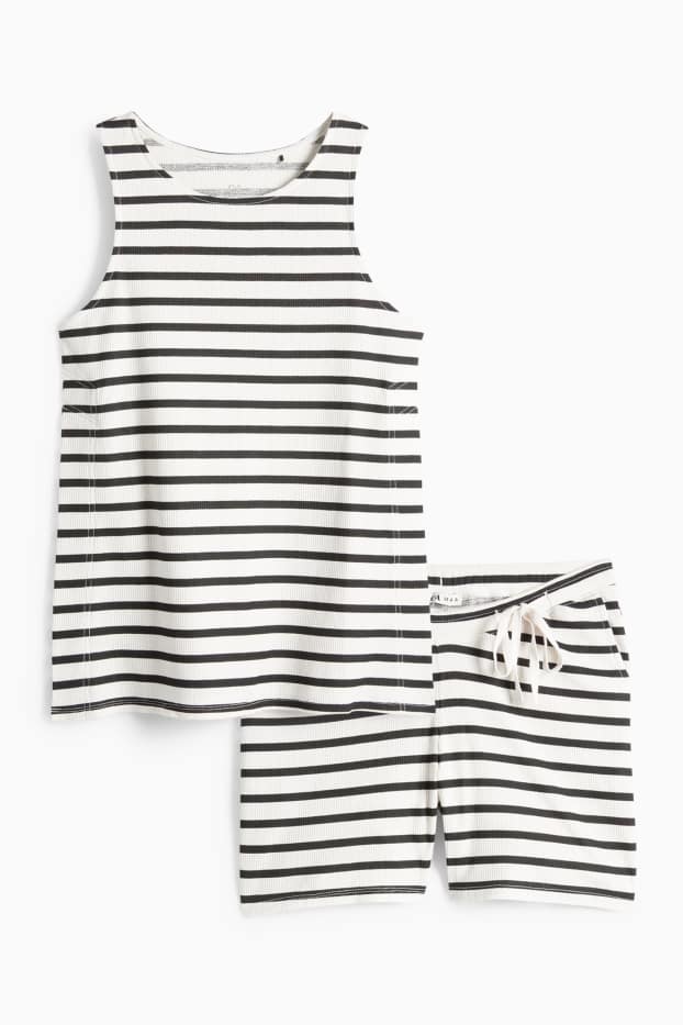 Damen - Still-Shorty-Pyjama - gestreift - strukturiert - weiß / schwarz