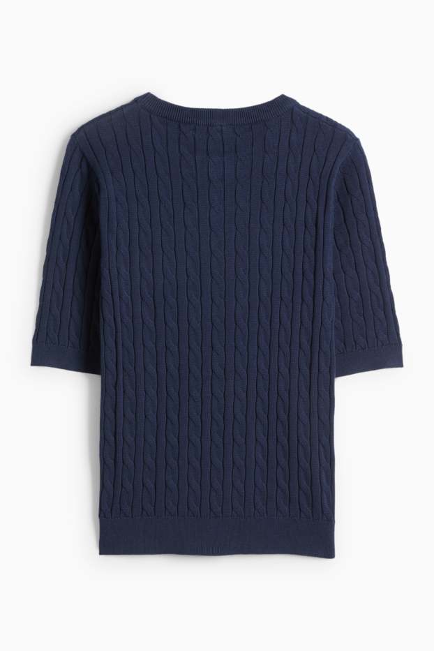 Femmes - Pull en maille - manches courtes - motif tressé - bleu foncé