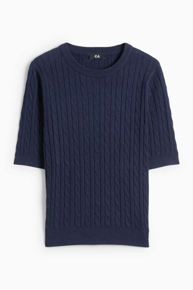 Femmes - Pull en maille - manches courtes - motif tressé - bleu foncé