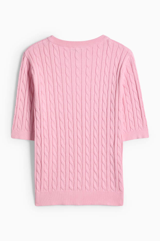 Femmes - Pull en maille - manches courtes - motif tressé - rose