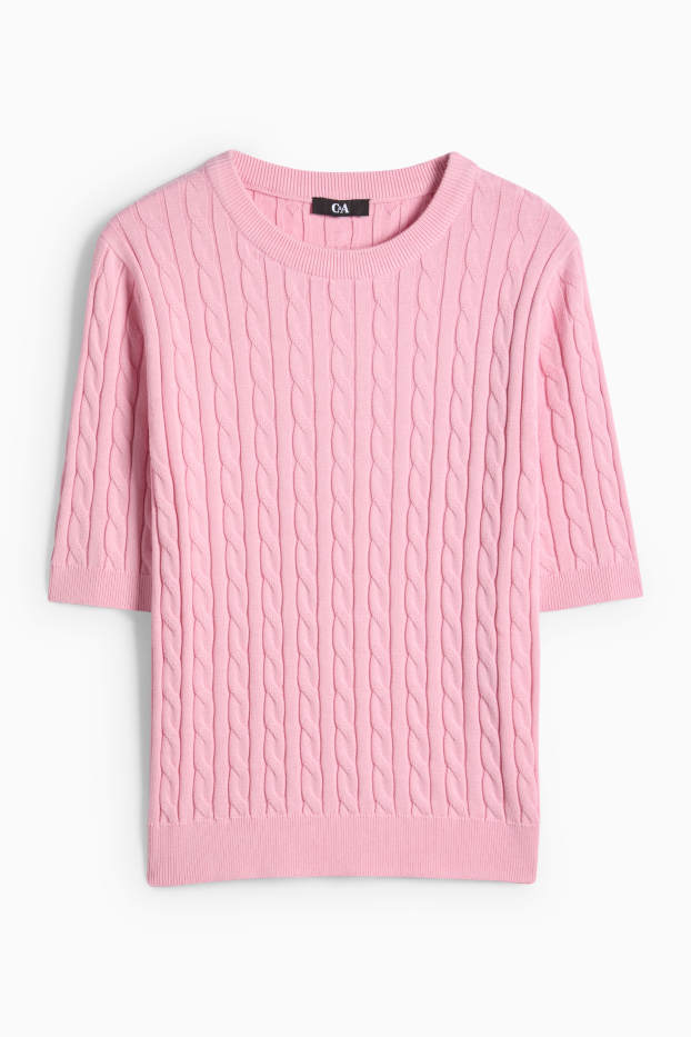 Femmes - Pull en maille - manches courtes - motif tressé - rose