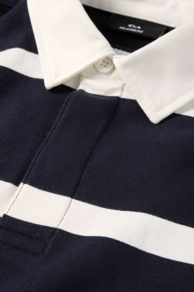 Heren - Poloshirt met lange mouwen - relaxed fit - gestreept - donkerblauw / wit