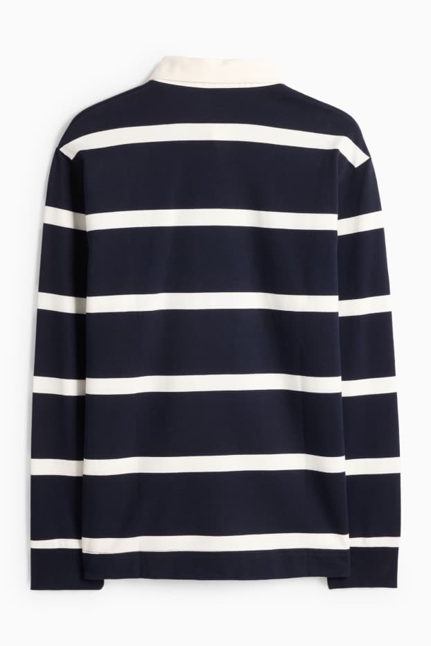 Heren - Poloshirt met lange mouwen - relaxed fit - gestreept - donkerblauw / wit