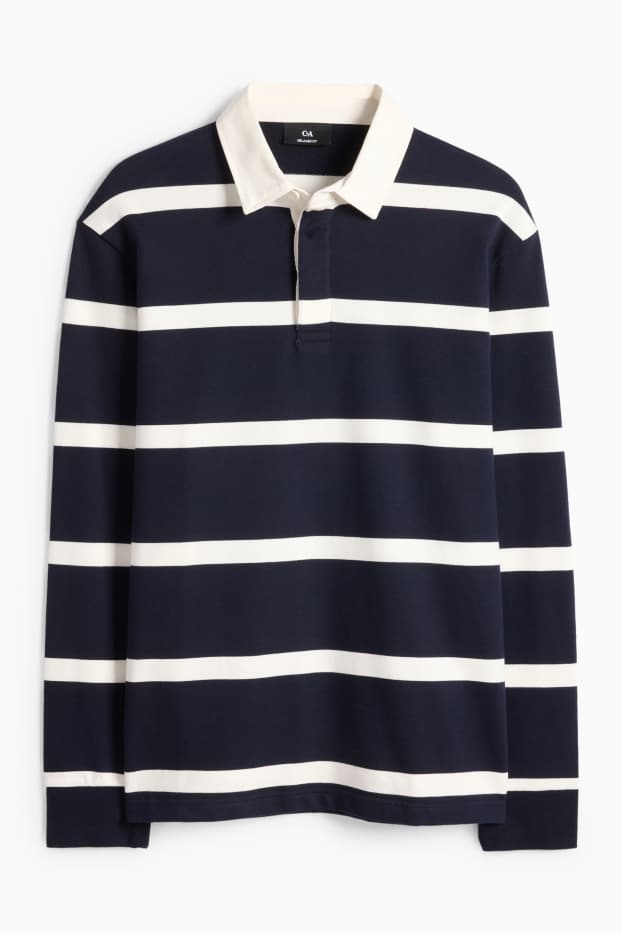 Heren - Poloshirt met lange mouwen - relaxed fit - gestreept - donkerblauw / wit