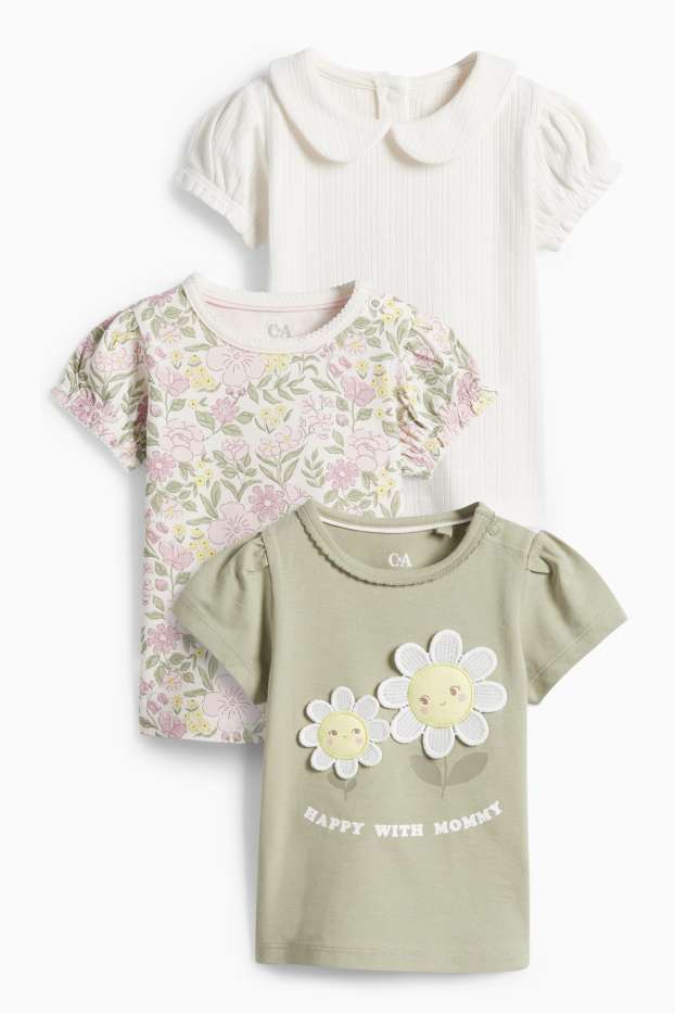 Baby: meisjes - Set van 3 - bloemetjes - baby-T-shirt - wit / groen