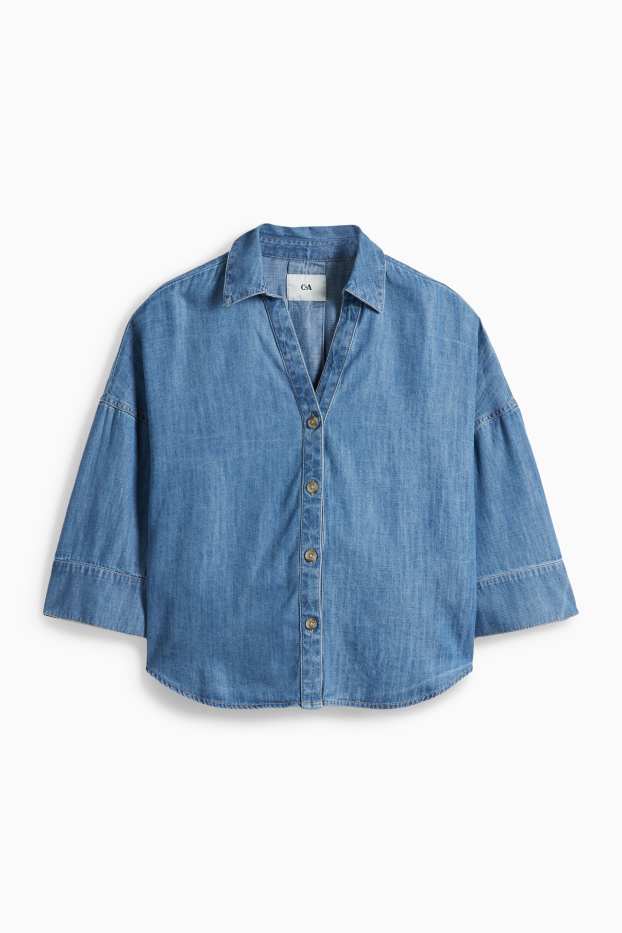 Damen - Jeansbluse mit V-Ausschnitt - jeansblau