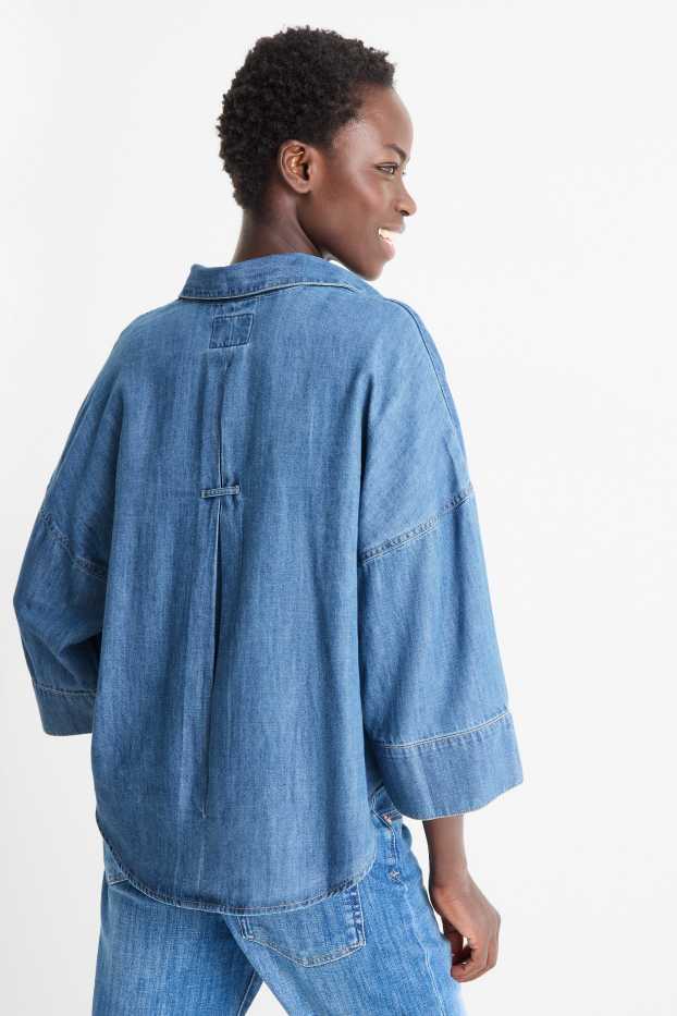 Damen - Jeansbluse mit V-Ausschnitt - jeansblau