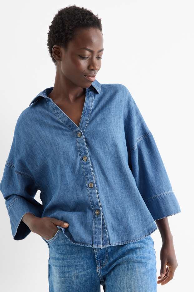 Damen - Jeansbluse mit V-Ausschnitt - jeansblau