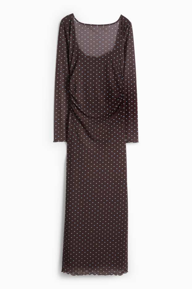 Dámské - Šaty ze síťovaného materiálu - puntíkované - tmavohnědá