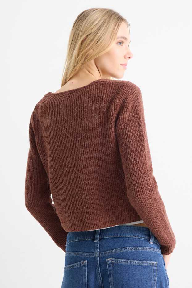 Femmes - Gilet en maille - finition côtelée - marron foncé