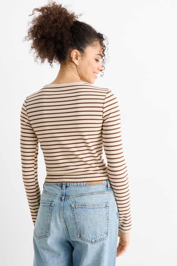 Dámské - Krátké tričko s dlouhým rukávem - slim fit - žebrované - pruhované - světle béžová