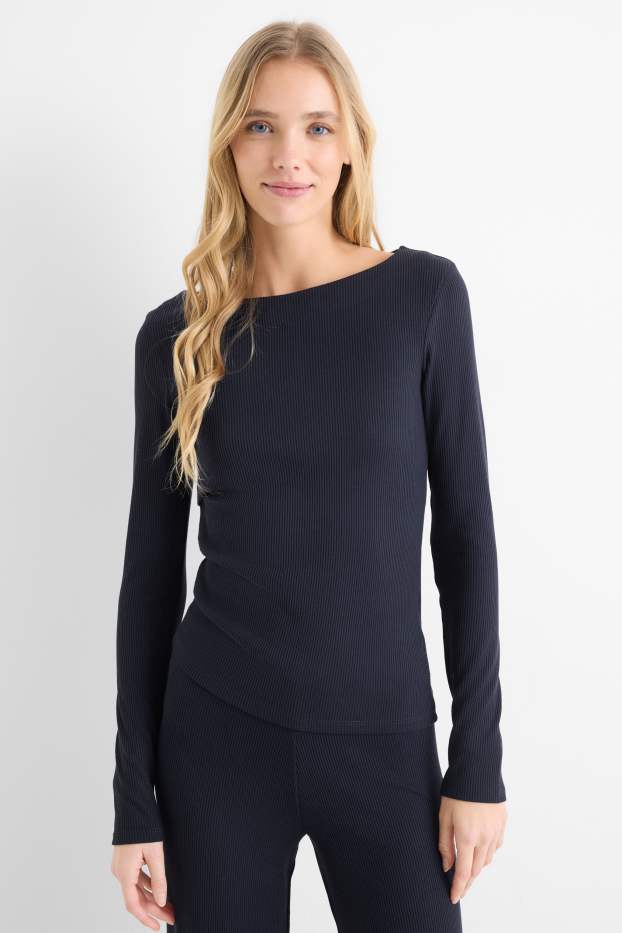 Femmes - Haut à manches longues - slim fit - finition côtelée - bleu foncé