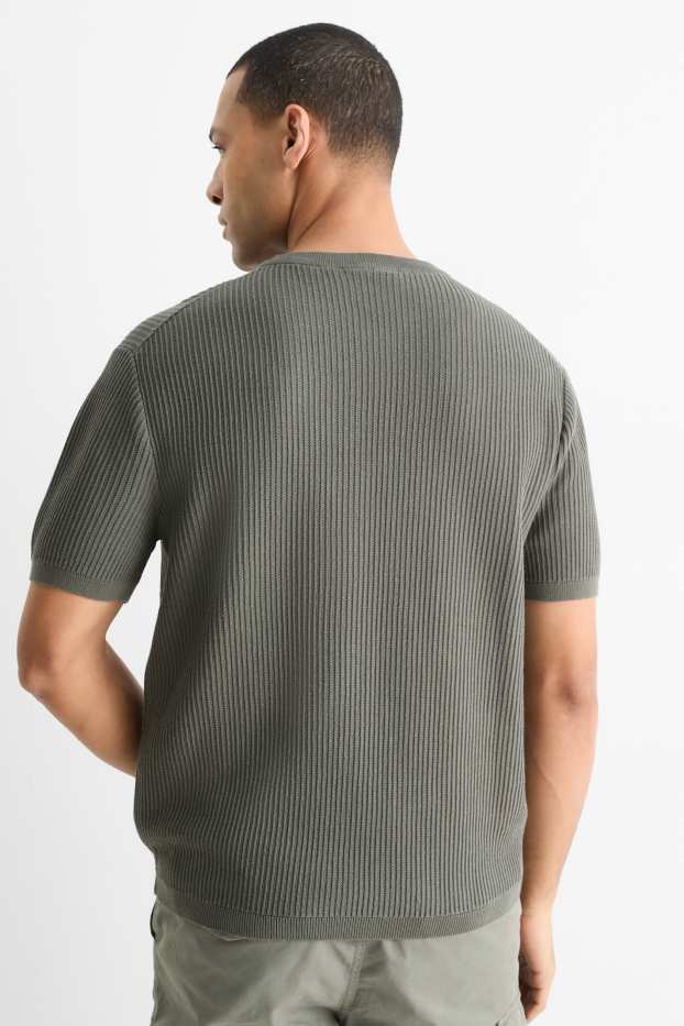 Herren - Strickpullover - kurzarm - gerippt - dunkelgrün