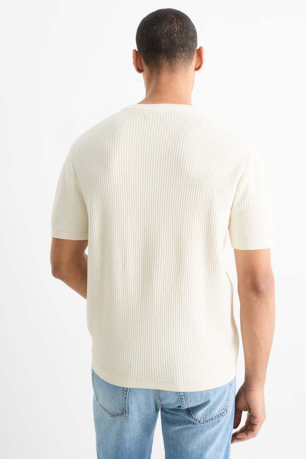 Herren - Strickpullover - kurzarm - gerippt - cremeweiss