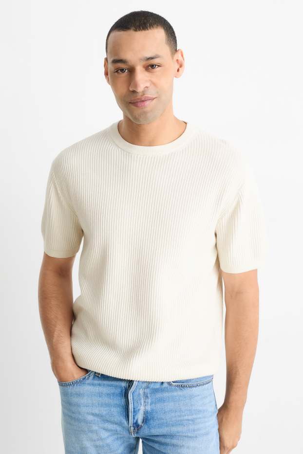 Herren - Strickpullover - kurzarm - gerippt - cremeweiss