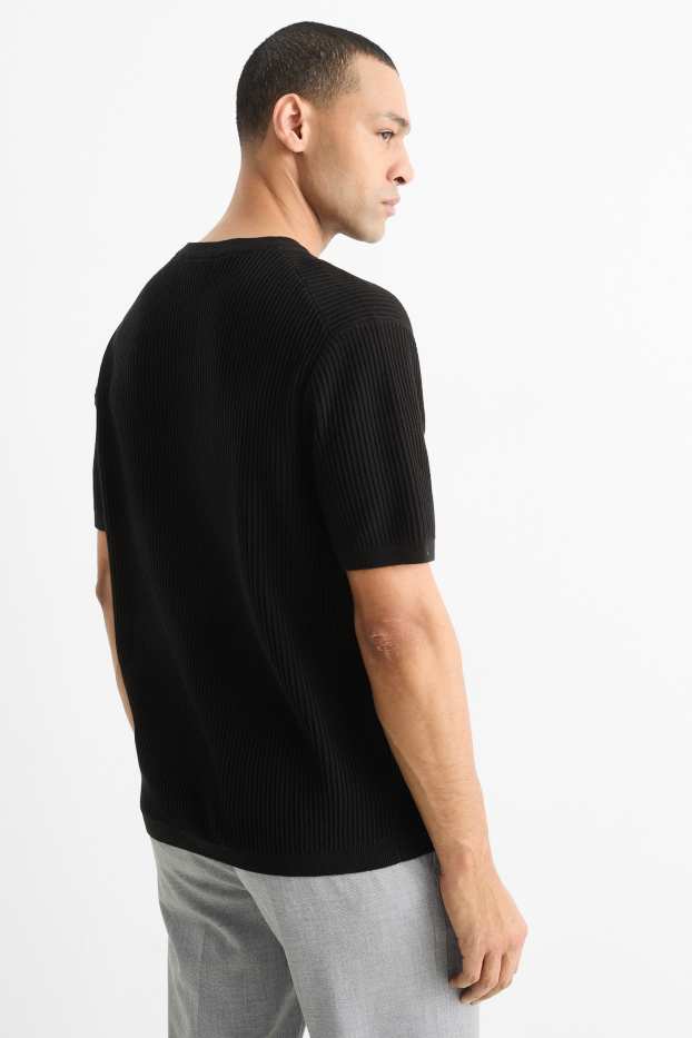 Herren - Strickpullover - kurzarm - gerippt - schwarz