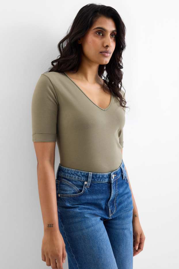 Dames - T-shirt met V-hals - slim fit - donkergroen