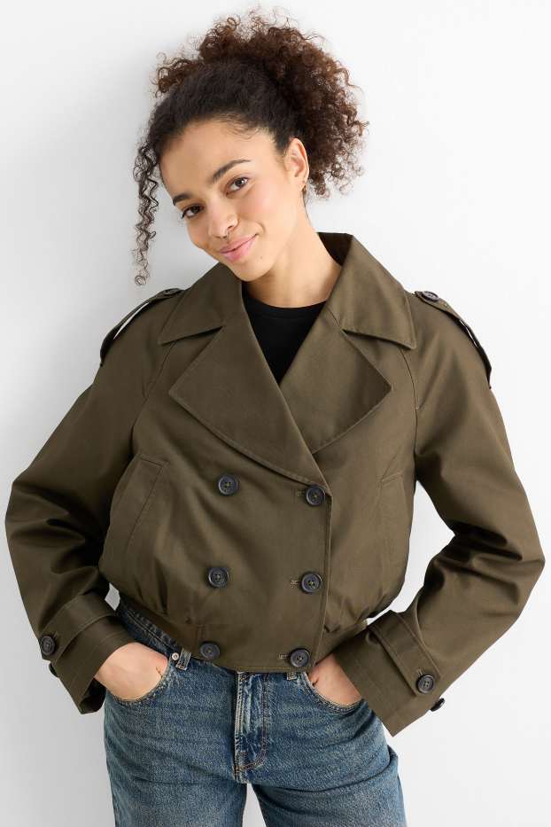 Damen - Crop Trenchcoat - dunkelgrün