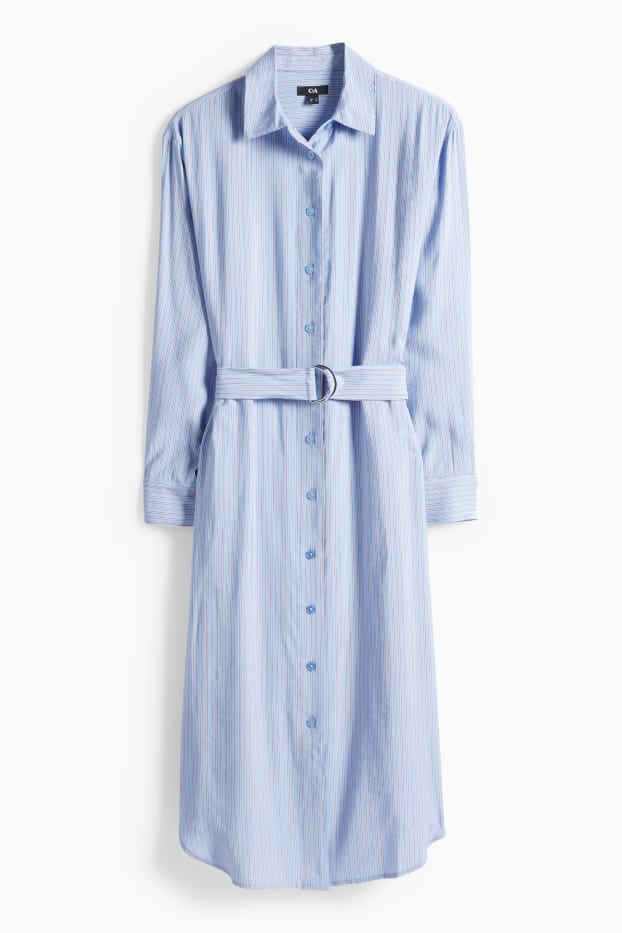 Femei - Rochie tip bluză cu curea - cu dungi - albastru deschis