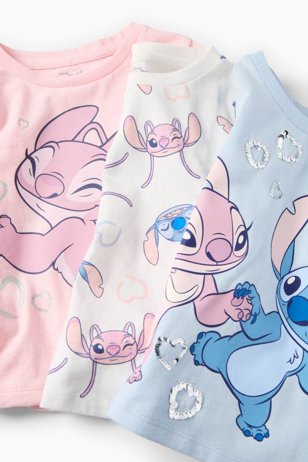 Kinder Mädchen - Multipack 3er - Lilo & Stitch - Kurzarmshirt - Glanz-Effekt - rosa / hellblau