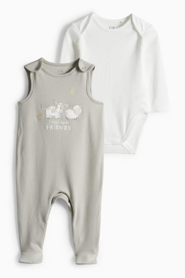 Baby Jungen - Schäfchen, Kuh und Küken - Strampler-Set - 2 teilig - weiss / grau