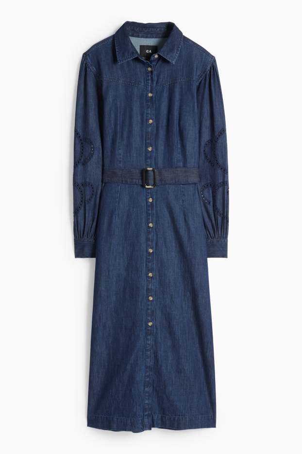 Damen - Jeans-Blusenkleid mit Gürtel - dunkelblau