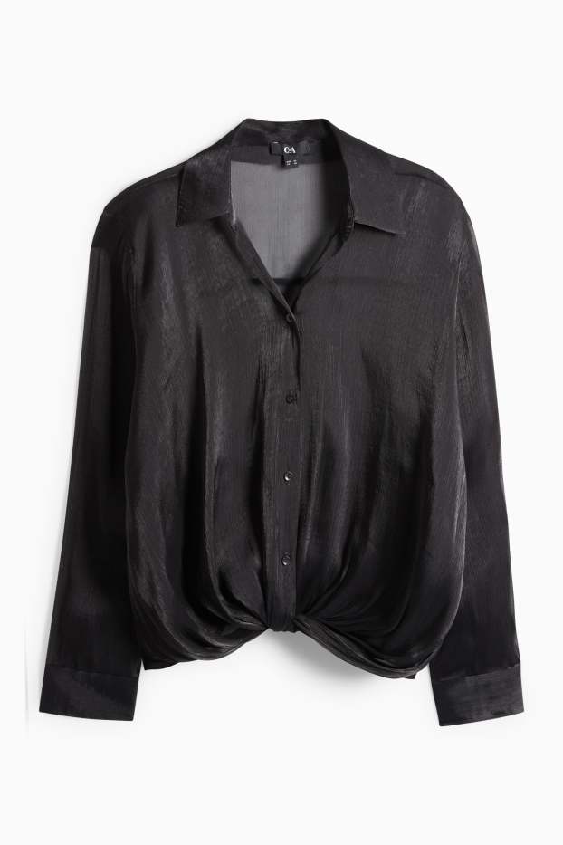 Dames - Blouse met geknoopt detail - glanzend - zwart
