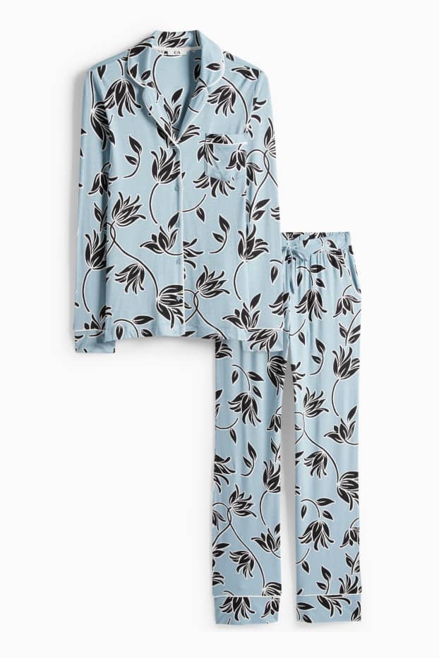 Dames - Pyjama van viscose - gebloemd - blauw