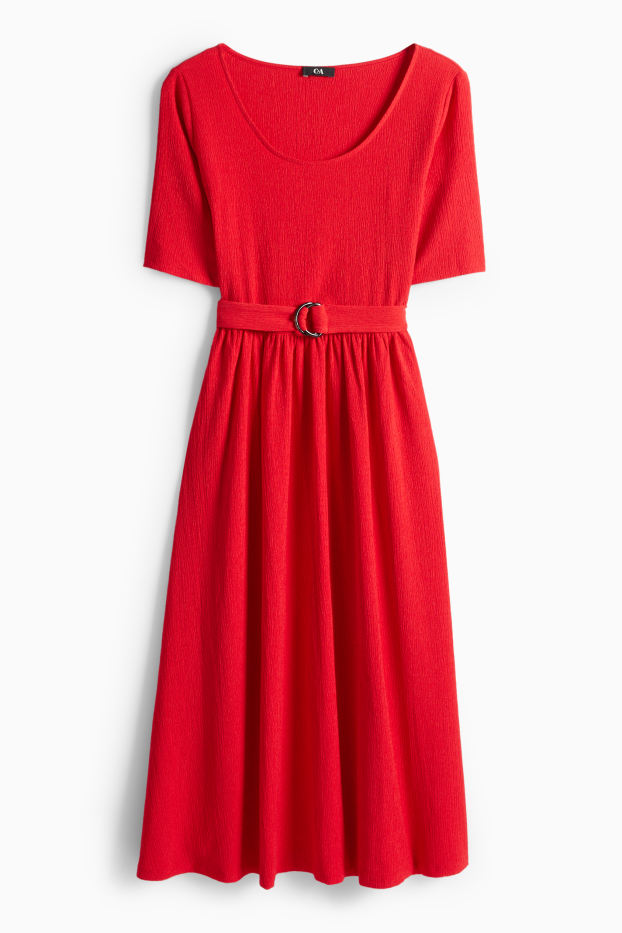Damen - Fit & Flare Kleid mit Gürtel - strukturiert - rot