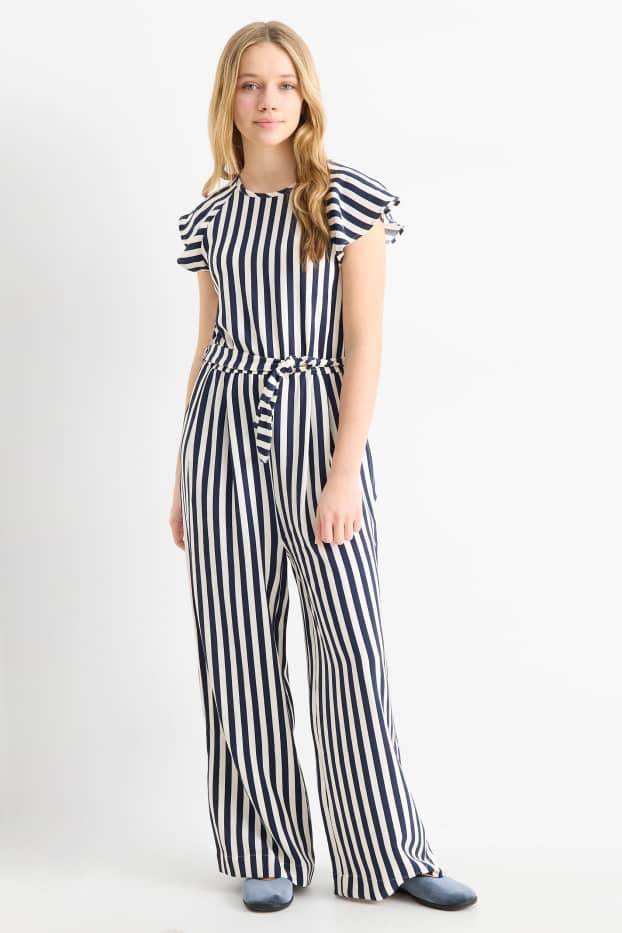 Bambine - Tuta - a righe - tessuto tramato - blu scuro / bianco crema