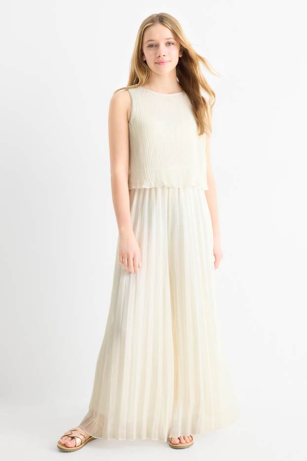 Kinder Mädchen - Plissee-Jumpsuit - Glanz-Effekt - cremeweiss