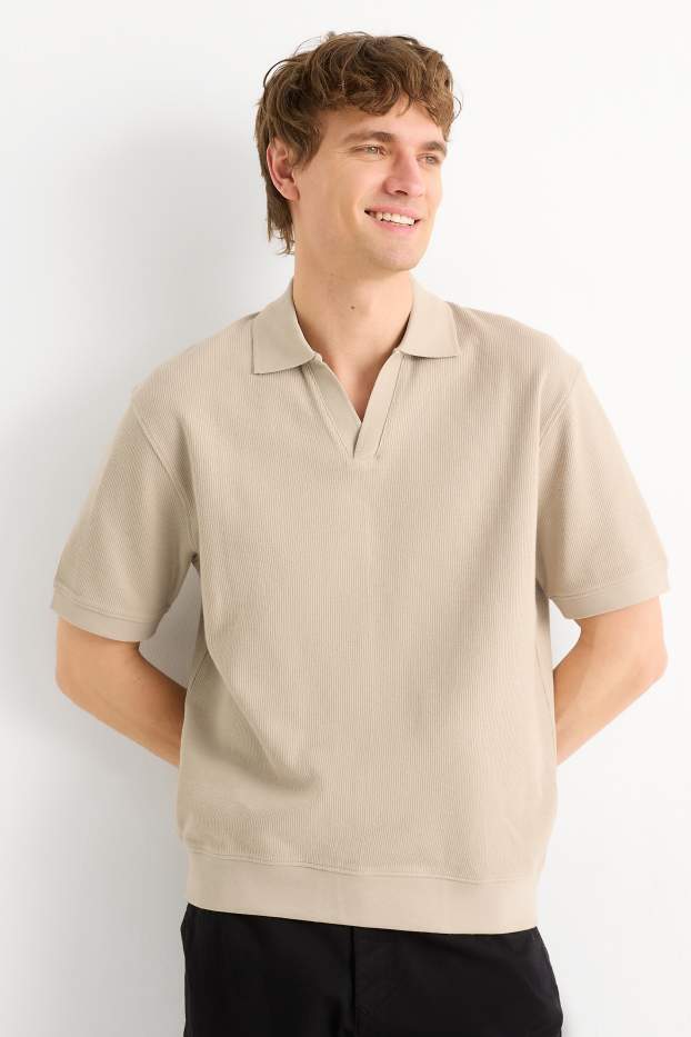Heren - Gebreid poloshirt - relaxed fit - ribstof - beige