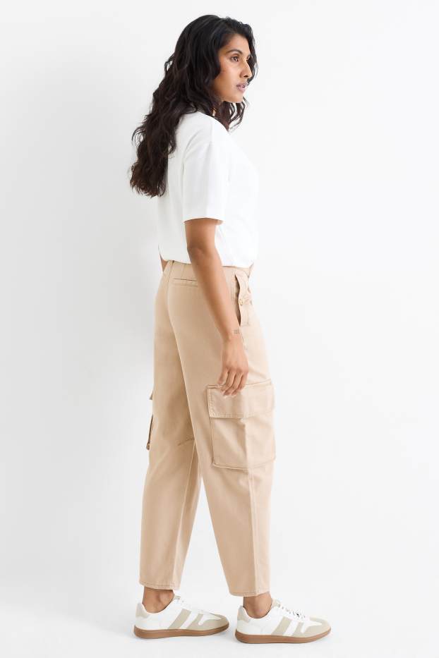Dámské - Cargo kalhoty s páskem - high waist - tapered fit - béžová